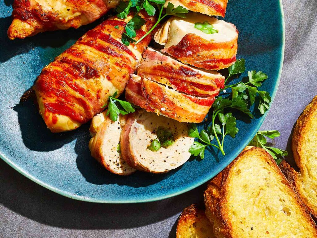 Stuffed Chicken Fillets Wrapped in Bacon